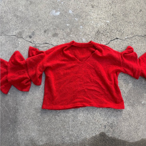 Red Ruffled Sleeve Sweater - Picture 2 of 4